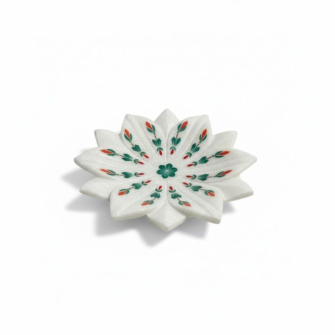 Natural White Marble Lotus Decor with Hand paint